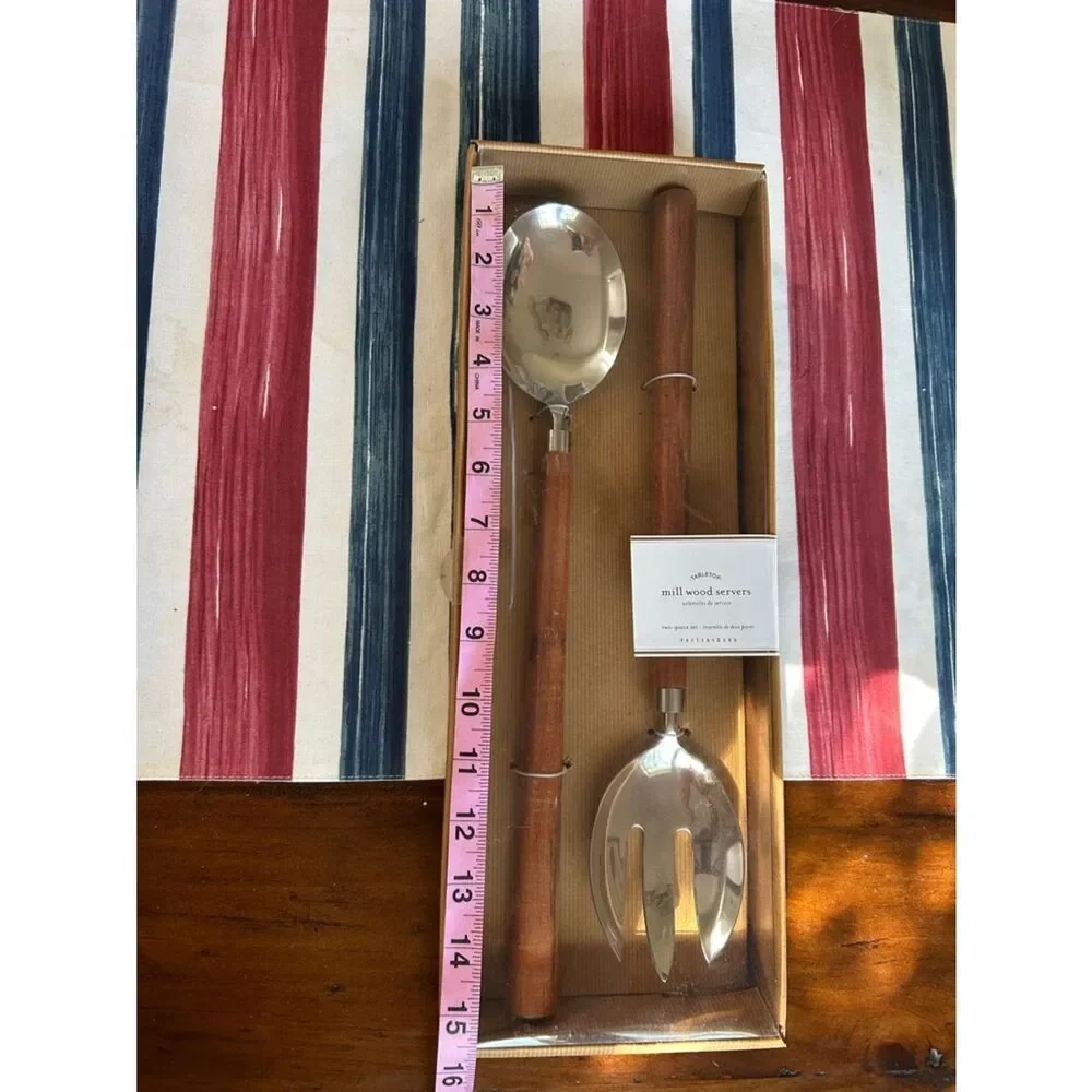 Pottery Barn NEW- Wood Handle Stainless Steel Serving Spoon and Fork Set